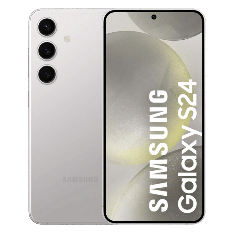 Smartphone Samsung Galaxy S24 color blanco, con procesador Qualcomm Snapdragon 8 Gen 3, rendimiento insuperable y opciones de almacenamiento de hasta 512GB. Disponible con cuotas sin interés