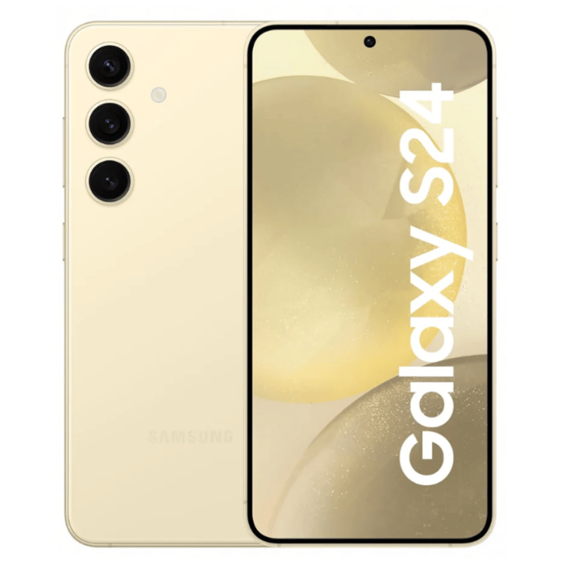 Smartphone Samsung Galaxy S24 Posterior Amarillo y frontal con pantalla AMOLED de 6.2 pulgadas y tasa de refresco de 120Hz, en oferta