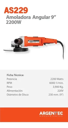 Amoladora 230 Mm. Argentec As229 2200 Watts Color Naranja/ne Naranja/negro
