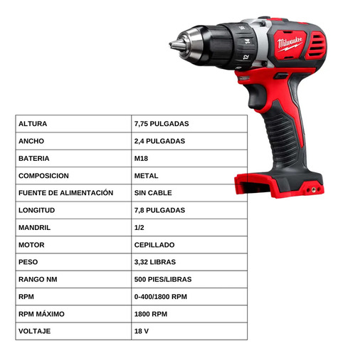 Taladro Atornillador Inalámbrico De 13mm Milwaukee 2606-20 18v Rojo