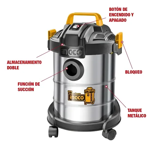 Aspiradora 12 L Ingco 800w Seco Humedo Con Filtro Hepa Plateado