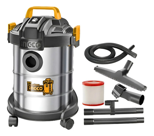 Aspiradora 12 L Ingco 800w Seco Humedo Con Filtro Hepa Plateado