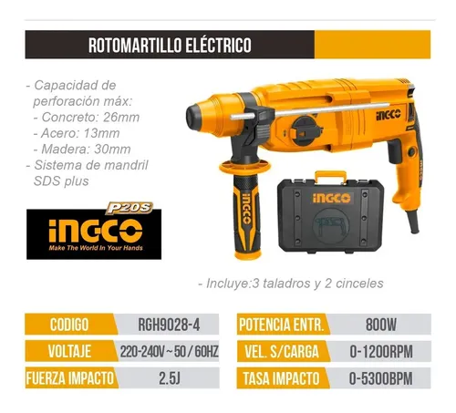 Rotomartillo Electrico Sds Plus 800w 1100rpm Maletin Ingco C Naranja