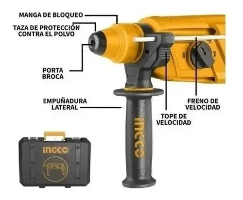 Rotomartillo Electrico Sds Plus 800w 1100rpm Maletin Ingco C Naranja