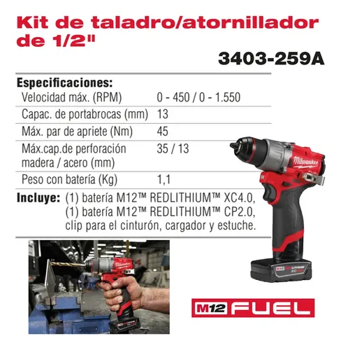 Taladro Atornillador Milwaukee 3403-259a Cargador Y 2 Bat. R Rojo 1700rpm