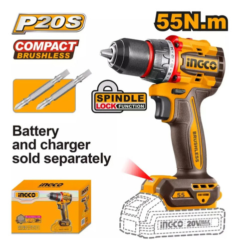 Taladro Atornillador Bateria Ingco 20v P20s 55nm +2 Puntas Color Naranja