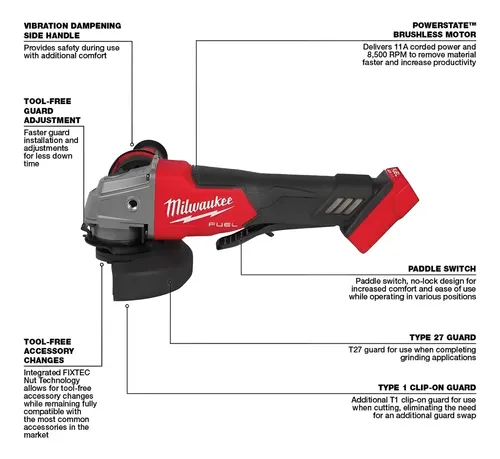 Amoladora 115/125mm Fuel Milwaukee Sin Bateria 2880-20 Rojo/negro