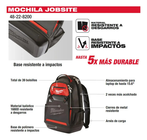 Mochila Milwaukee 48-22-820 Ideal Para Herramientas Y Laptop Color Rojo / Negro