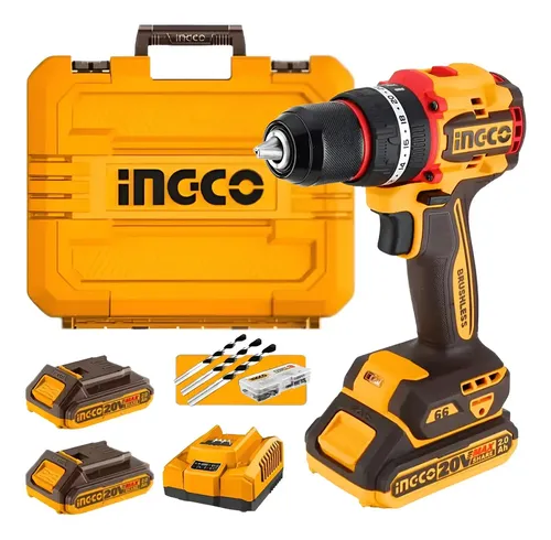 Taladro Atornillador Percutor Brushless 20v 2 Bat 66nm Ingco Naranja Claro 50/60hz