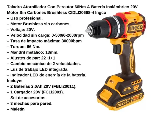 Taladro Atornillador Percutor Brushless 20v 2 Bat 66nm Ingco Naranja Claro 50/60hz