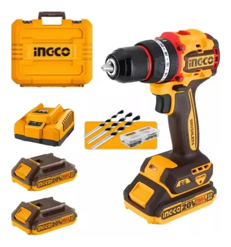 Taladro Atornillador Percutor Brushless 20v 2 Bat 66nm Ingco Naranja Claro 50/60hz