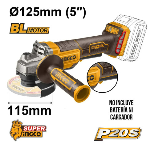 Amoladora Inalámbrica 20v Ingco Cagli211156 Variable 115mm Naranja Claro 50/60hz