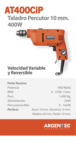 Taladro Percutor 10mm Argentec At400 Cip  400w Ind Argentina Naranja 50hz/60hz