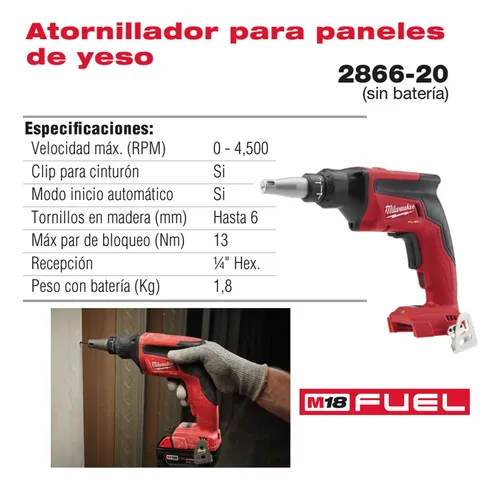 Atornillador Para Durlock Milwaukee 2866-20 4500rpm Rojo 450 Rojo 4500rpm