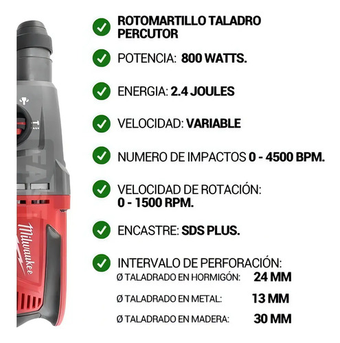 Rotomartillo Milwaukee  800w Sds Plus Taladro 2,4j 5485 Rojo Rojo