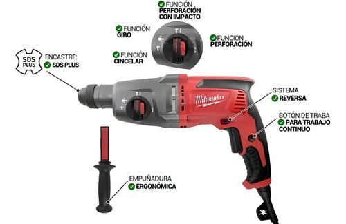 Rotomartillo Milwaukee  800w Sds Plus Taladro 2,4j 5485 Rojo Rojo
