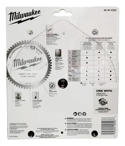 Hoja Sierra Circular Milwaukee 7 1/4 Aluminio 56 Dientes Color Blanco