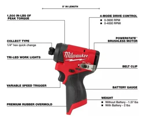 Milwaukee 3453-20 Atornillador De Impacto M12 Fuel 3ra Gen. Color Rojo