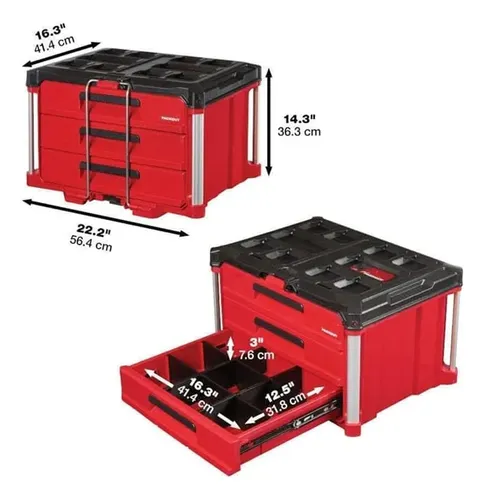 Set Caja Herramienta 3 Cajones Trasladable Milwaukee Packout Rojo