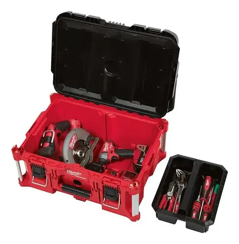 Combo Carro Packout Milwaukee De 3 Módulos Baul Cajon Y Cajas Con Ruedas Color Rojo