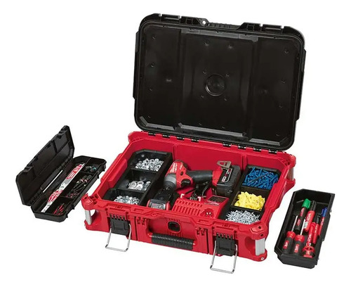 Combo Carro Packout Milwaukee De 3 Módulos Baul Cajon Y Cajas Con Ruedas Color Rojo