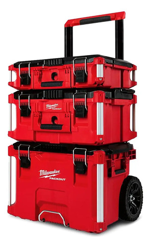 Combo Carro Packout Milwaukee De 3 Módulos Baul Cajon Y Cajas Con Ruedas Color Rojo