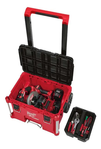 Combo Carro Packout Milwaukee De 3 Módulos Baul Cajon Y Cajas Con Ruedas Color Rojo