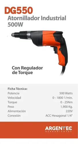 Atornillador Torque Regulable Argentec Dg550 500 Watts Color Naranja