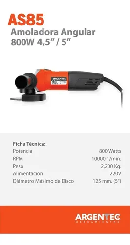 Amoladora Angular 4,5 115mm Argentec As85 800w Color Naranja
