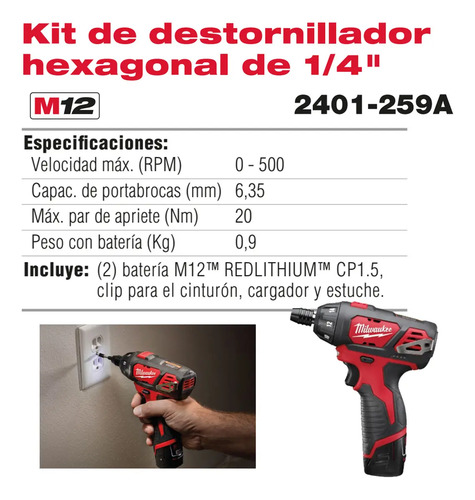 Atornillador Milwaukee 2401-259a + Cargador Y 2 Baterias Rojo 500rpm