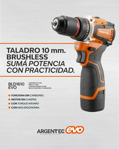 Taladro Atorn. A Bateria 10mm Argentec Evo Bld1610 Brushless Naranja 50/60hz