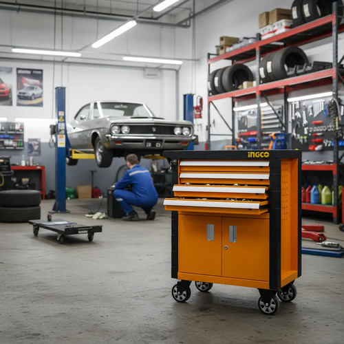 Carro Porta Herramientas Profesional Gabinete 4 Cajones Amarillo Estructura Acero Pintura Electrostática Cajones Metálicos Reforzados Ruedas Industriales Cierre Centralizado