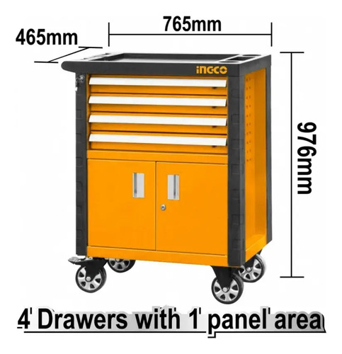 Carro Porta Herramientas Profesional Gabinete 4 Cajones Amarillo Estructura Acero Pintura Electrostática Cajones Metálicos Reforzados Ruedas Industriales Cierre Centralizado