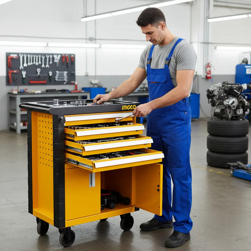 Carro Porta Herramientas Profesional Gabinete 4 Cajones Amarillo Estructura Acero Pintura Electrostática Cajones Metálicos Reforzados Ruedas Industriales Cierre Centralizado