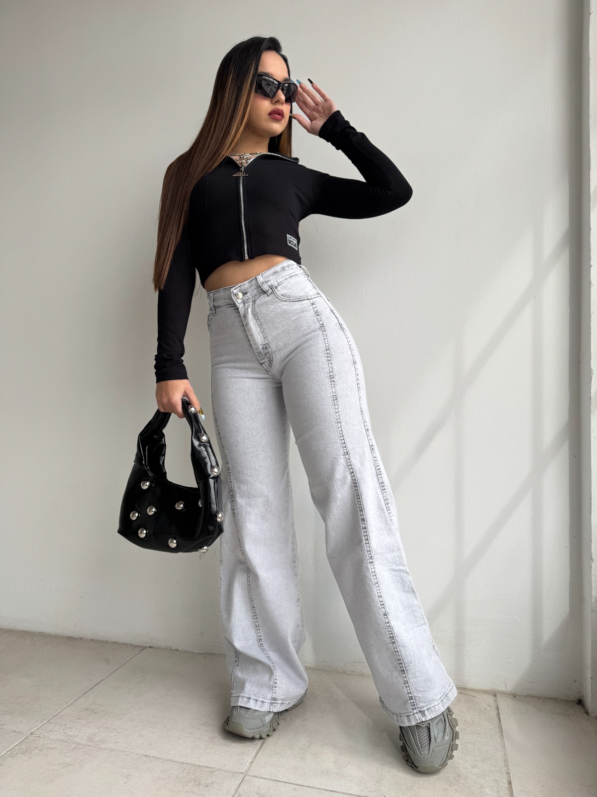 WIDE LEG GRAY LINE - Hilo gris