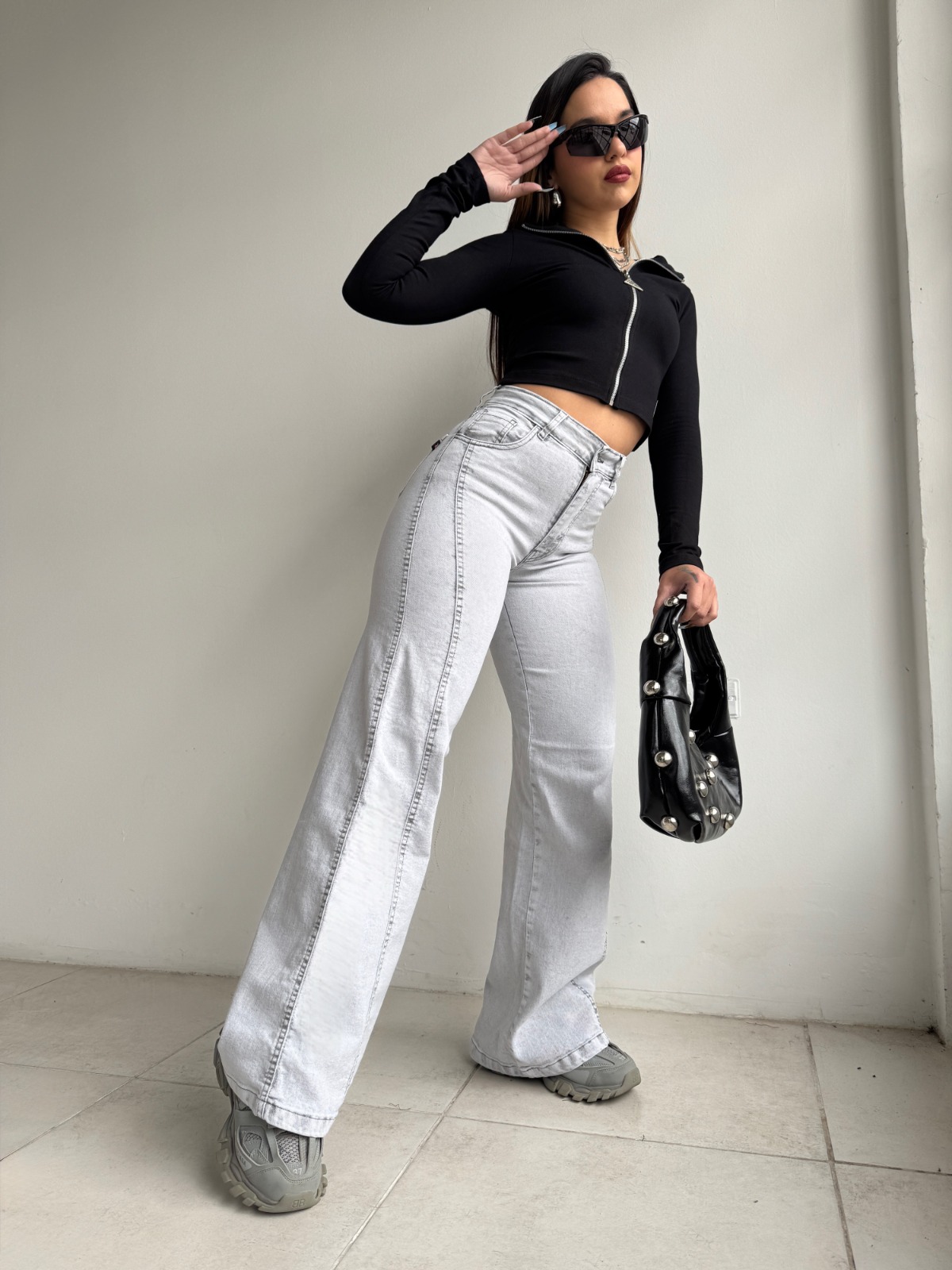 WIDE LEG GRAY LINE - Hilo gris