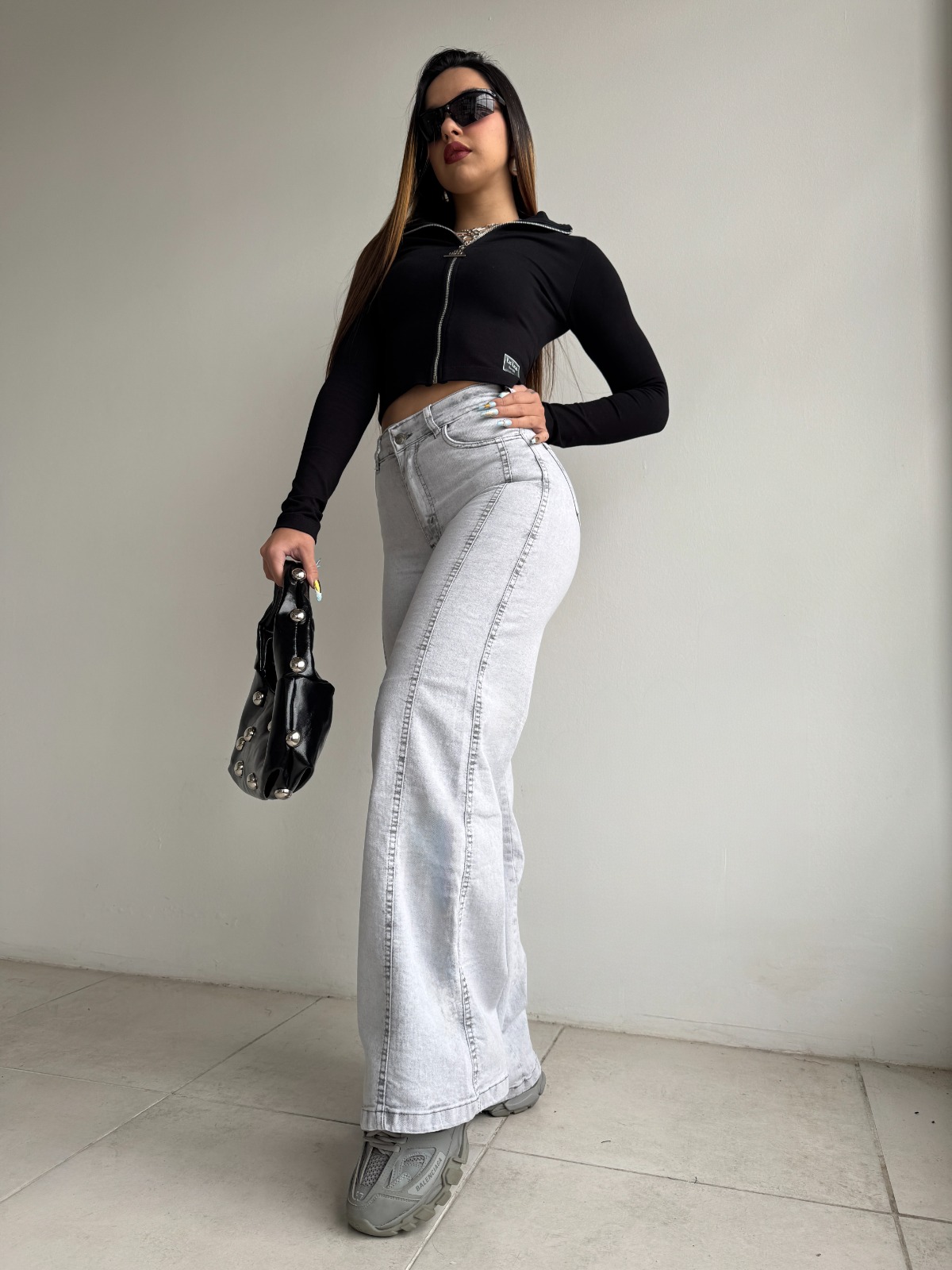 WIDE LEG GRAY LINE - Hilo gris