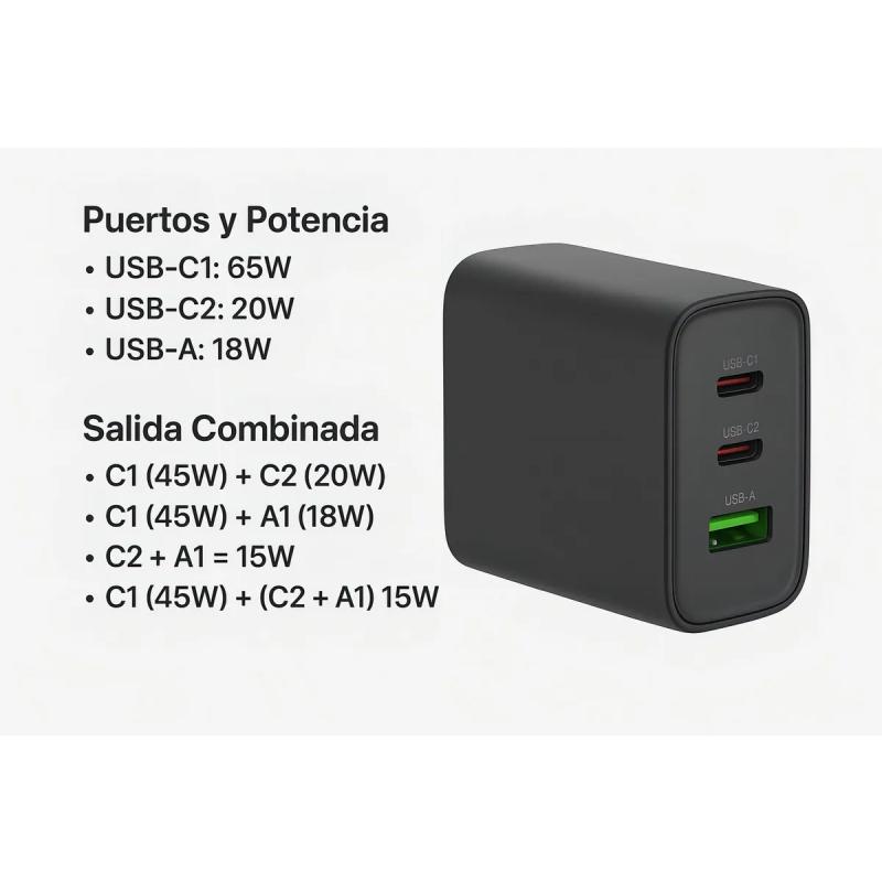 Cargador Rápido JD 65W T71 Triple Puerto Carga Inteligente