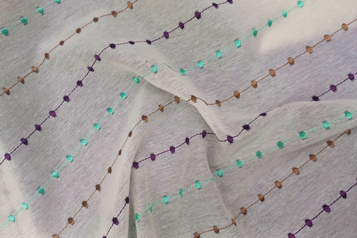 Voile Bordado Cadena Natural Turquesa Beige