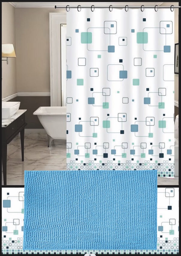 Set Cortina de Baño con Alfombra Shagy y Ganchos - Campomayo