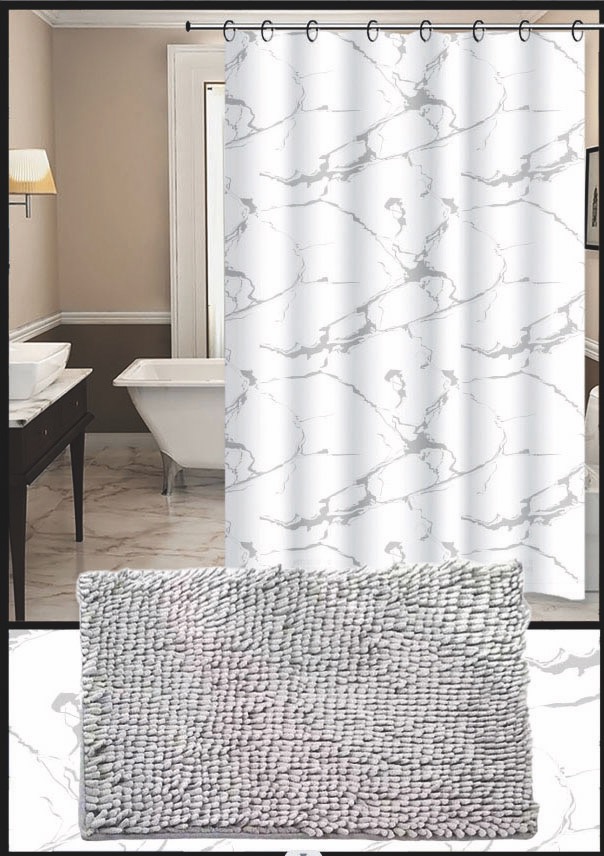 Set Cortina de Baño con Alfombra Shagy y Ganchos - Campomayo