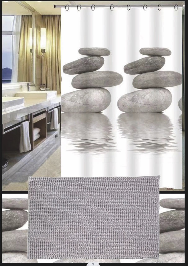 Set Cortina de Baño con Alfombra Shagy y Ganchos - Campomayo