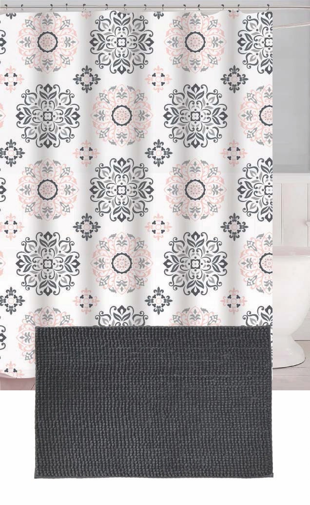 Set Cortina de Baño con Alfombra Shagy y Ganchos - Campomayo