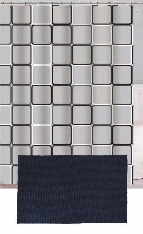 Set Cortina de Baño con Alfombra Shagy y Ganchos - Campomayo