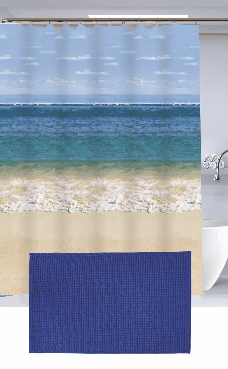 Set Cortina de Baño con Alfombra Shagy y Ganchos - Campomayo