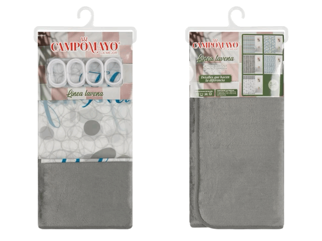 Set Cortina de Baño con Alfombra Memory y 12 Ganchos - Campomayo