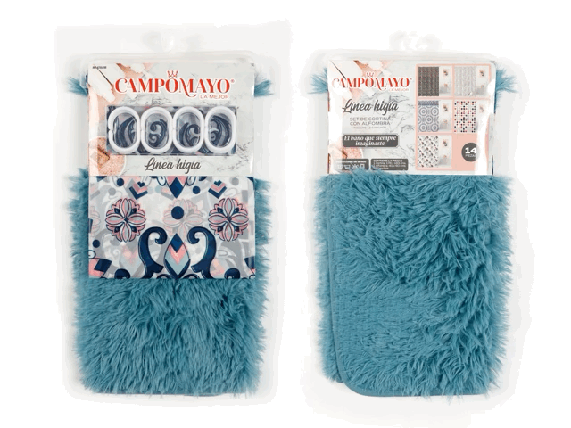 Set Cortina de Baño con Alfombra Peluda y 12 Ganchos - Campomayo