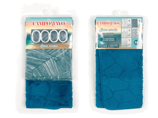 Set Cortina de Baño con Alfombra Memory y 12 Ganchos - Campomayo