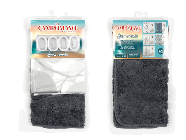Set Cortina de Baño con Alfombra Memory y 12 Ganchos - Campomayo