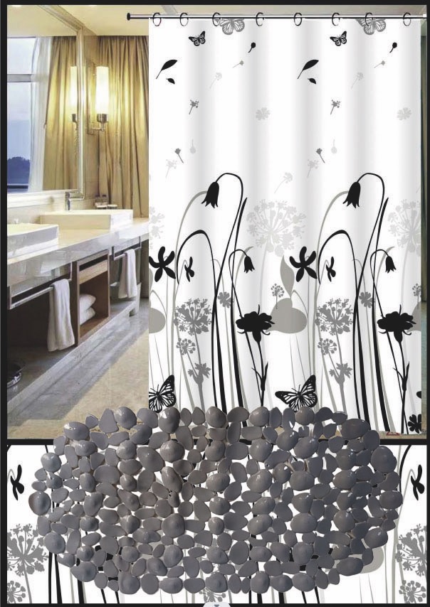 Set Cortina de Baño con Alfombra Bañera y Ganchos - Campomayo